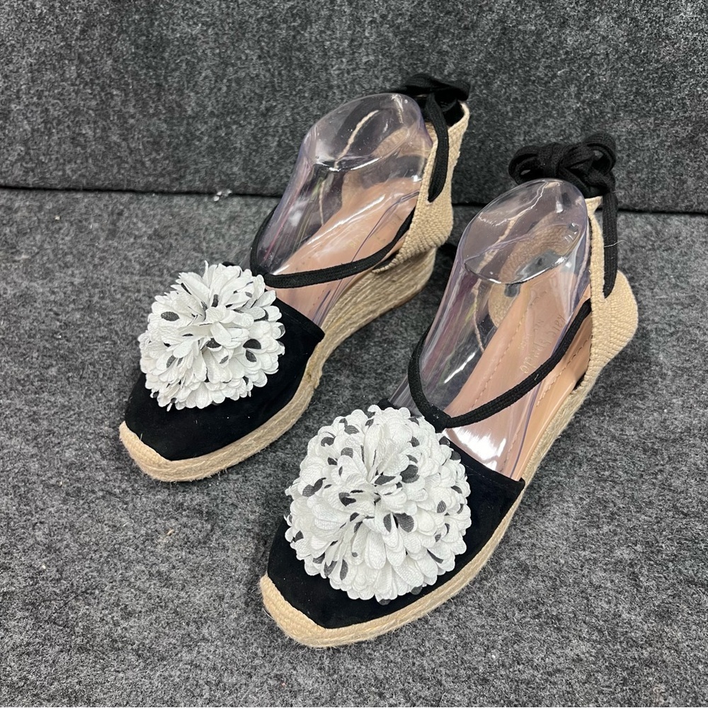 kate spade Black Espadrille Wedges with White Flower Pom Details